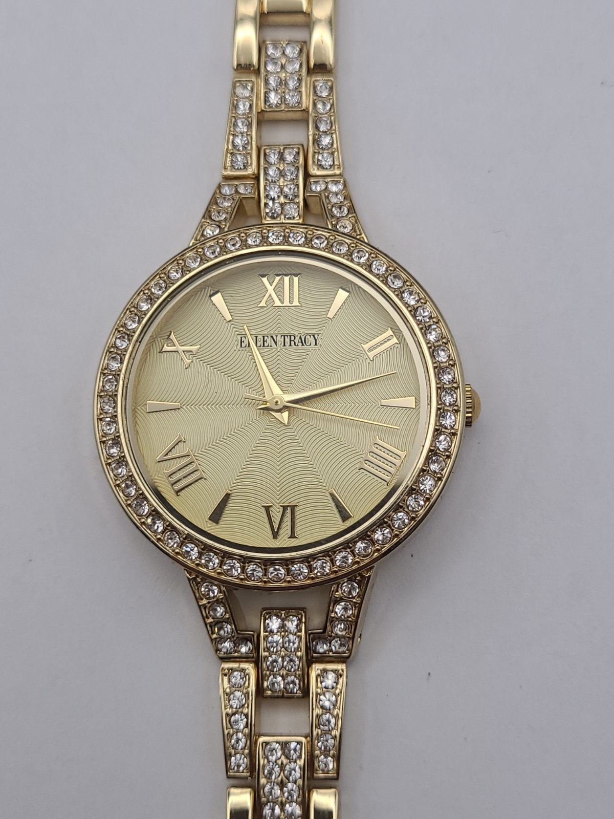 Ellen Tracy Women’s Gold Tone Crystal Bezel Quartz Bracelet Watch Working