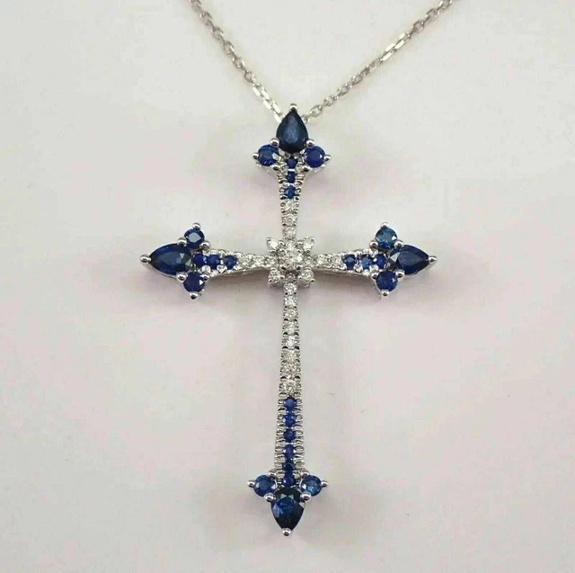 1.50CT Round Cut Lab Created Sapphire Women Cross Pendant 14k White Gold Plated