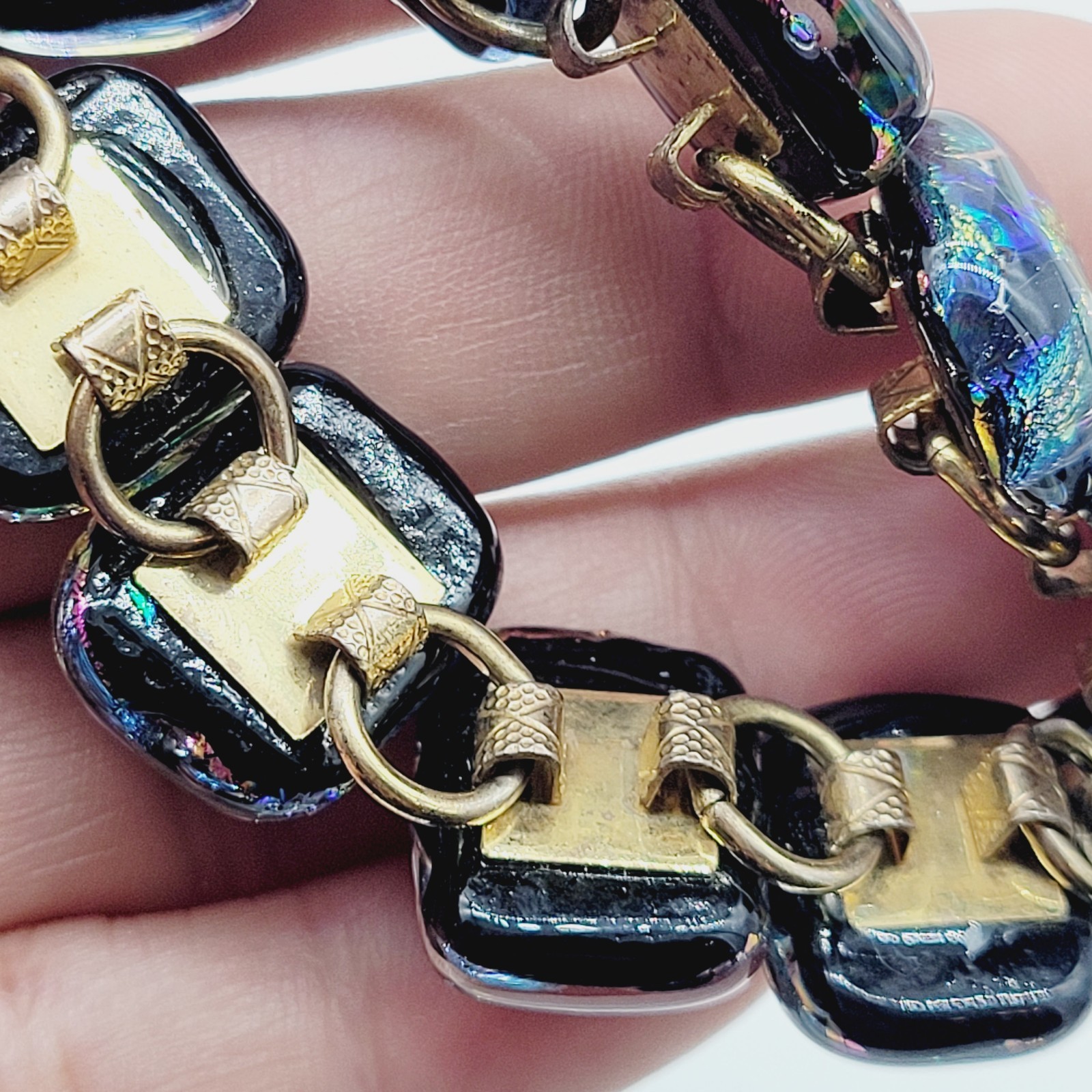 Dichroic Glass 6.25″ Bracelet Statement Unique Black Pink Blue Purple Gold