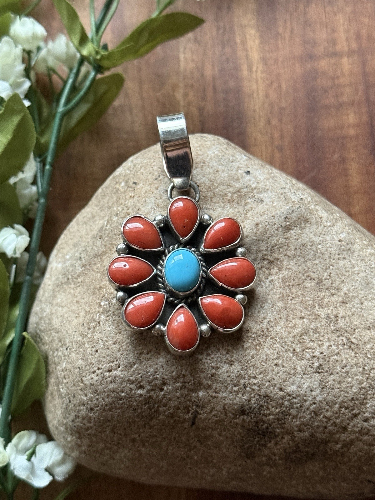 Navajo Sterling Silver Red Coral Turquoise Cluster Pendant LY
