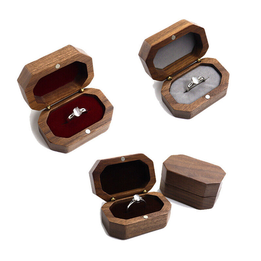 Vintage Walnut Wood Ring Box Jewelry Display Storage Holder Engagement Wedding#