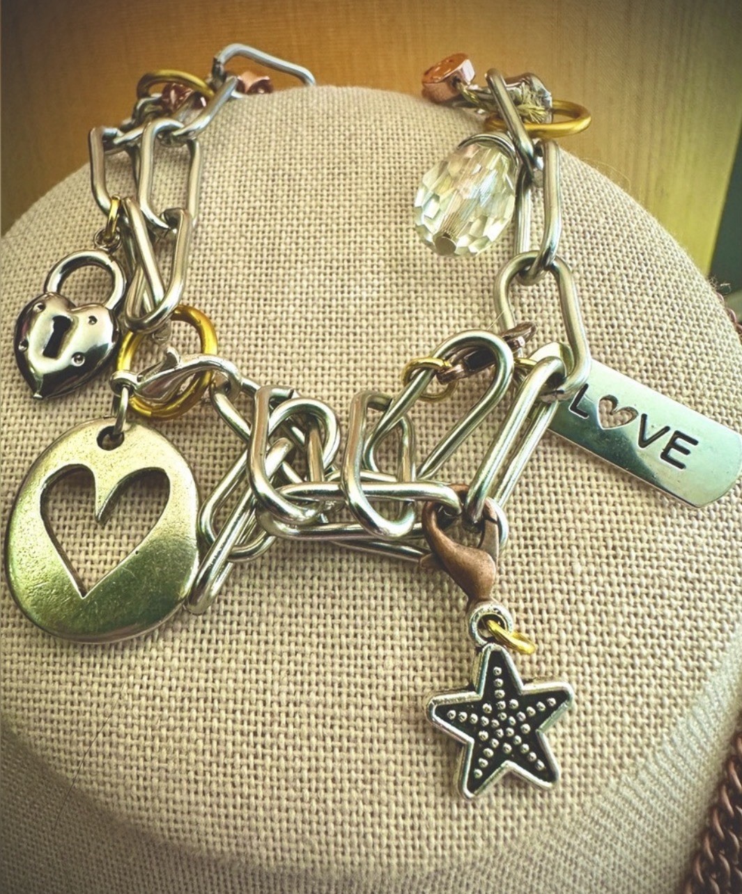 Handcrafted Stainless Assemblage Paperclip Metal & Pearls Charm Bracelet
