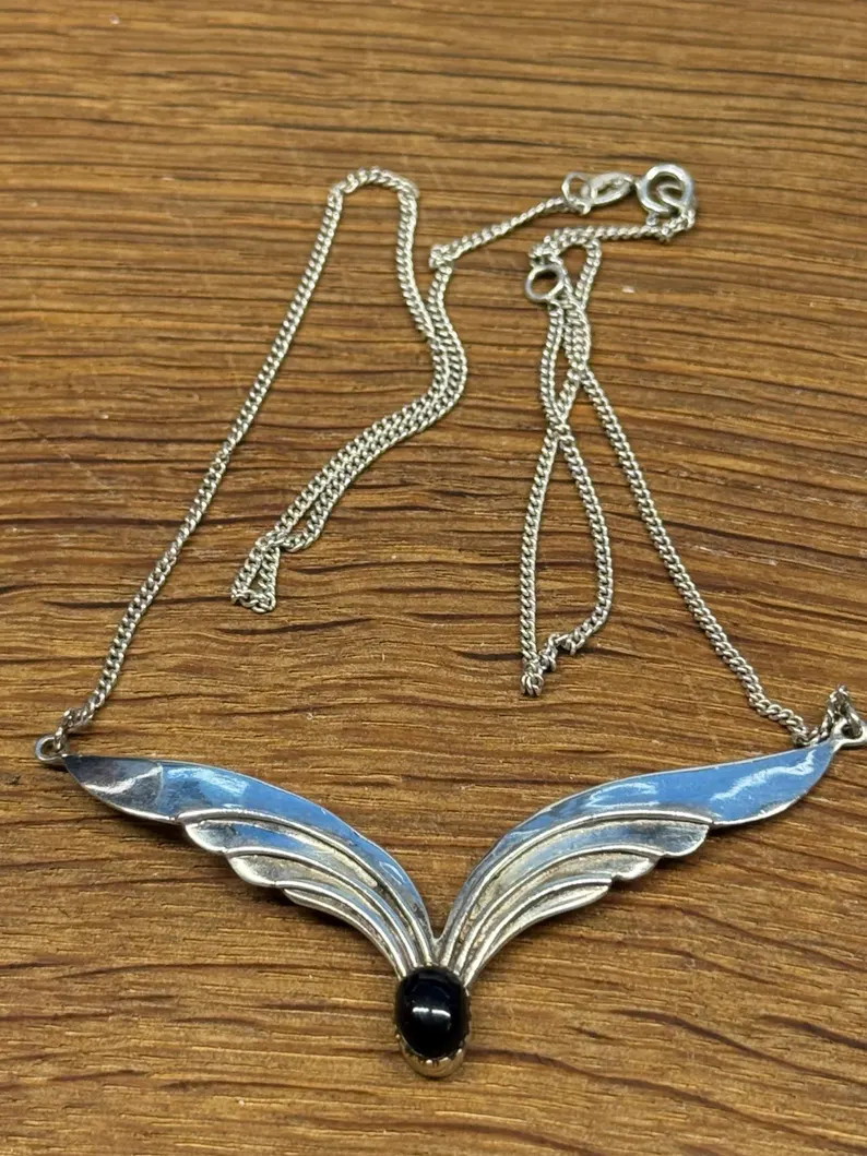 Vintage artisan necklace wings onyx 925 Sterling silver