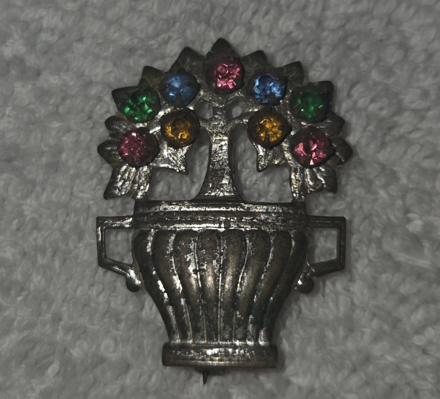 Vintage Silver Tone Flower Basket Brooch Pin Multicolor Rhinestones