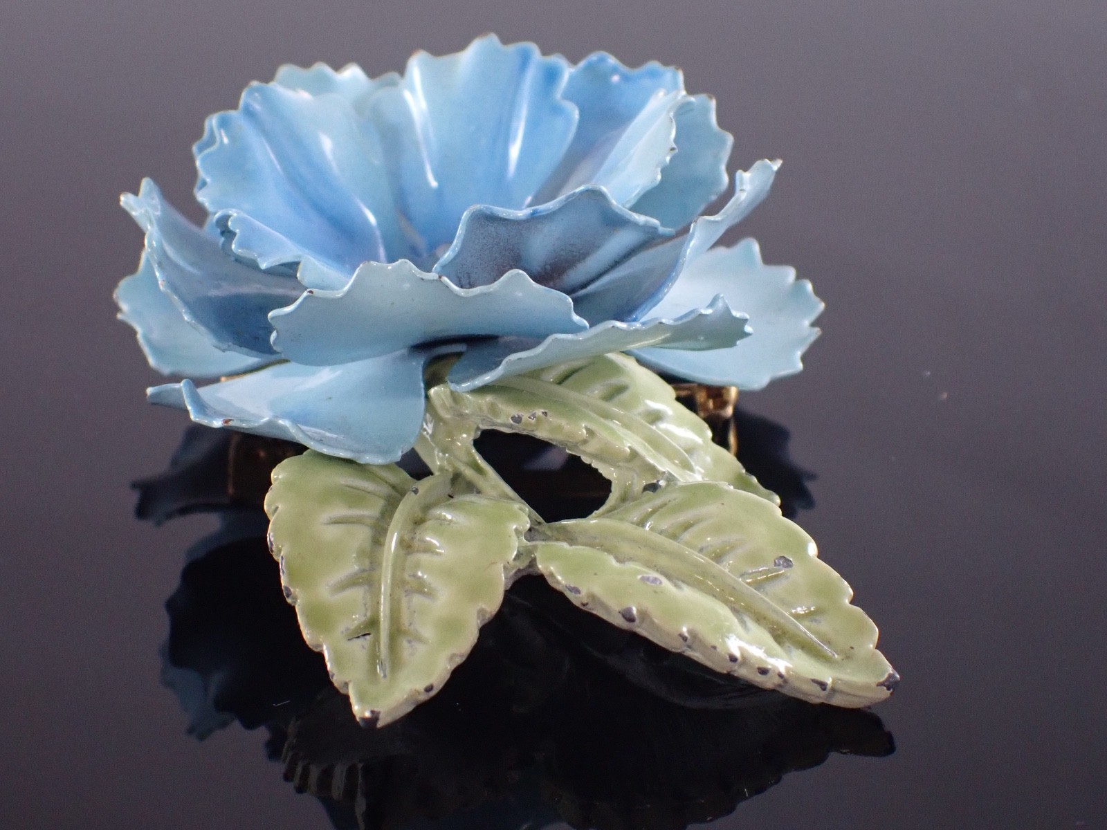 Vintage Blue Enamel Flower Brooch Glass Rhinestone Center Mid Century