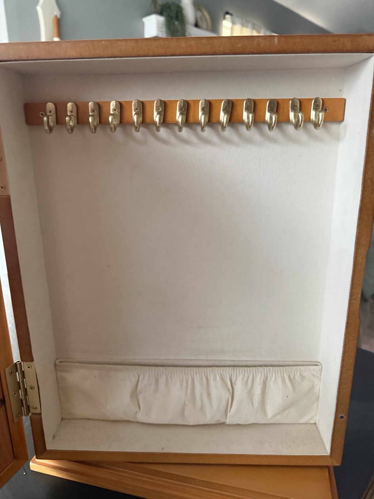 Vintage Wall Mounted Wood Jewelry Cabinet w/ Hooks, Photo Front, 25+ Pieces