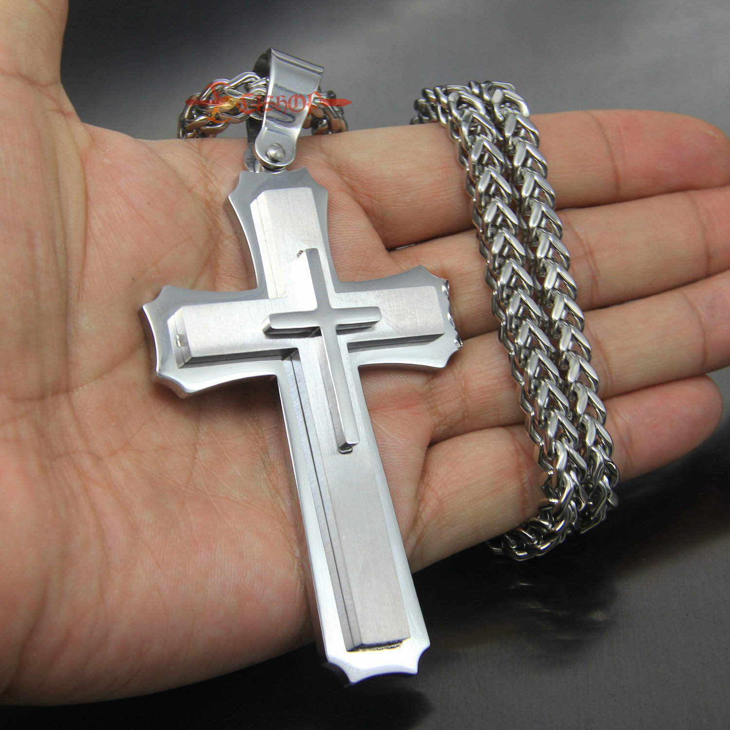 Heavy & Big Mens 3 Layer Stainless Steel Christian Cross Pendant Necklace Silver