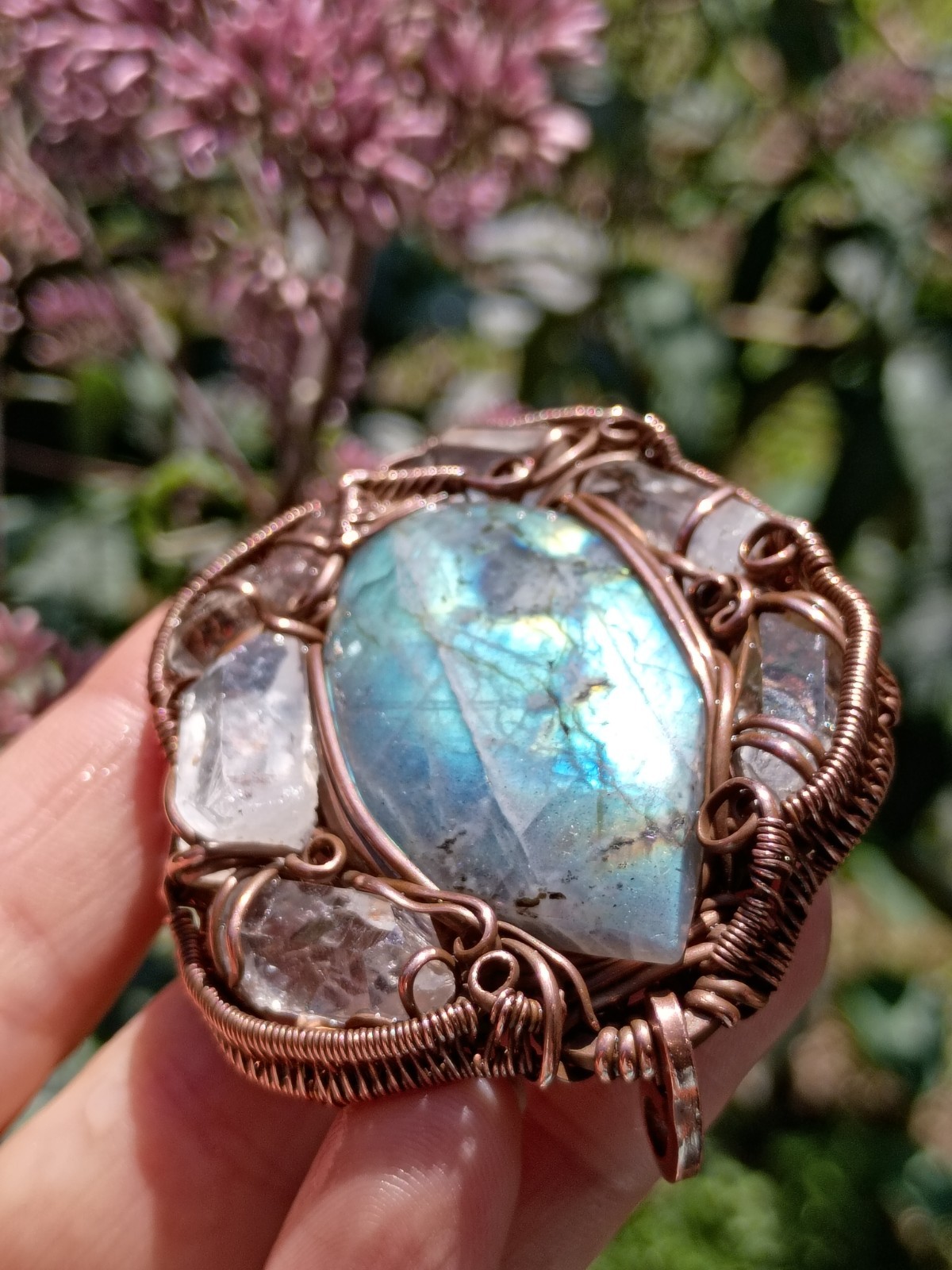 Labradorite Surrounded In Quartz Crystals Wirewrap Pendant Copper Statement