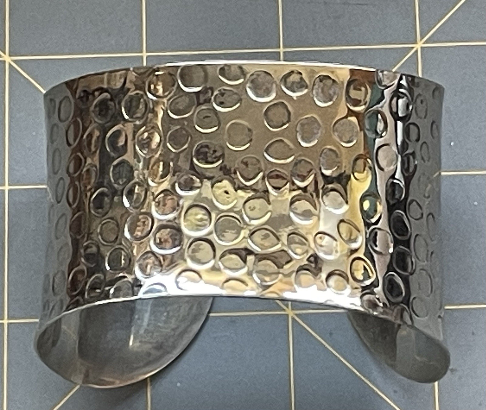 Wide Hammered Look Silver Tone Cuff Bracelet Artisan Sculptural Boho Statement