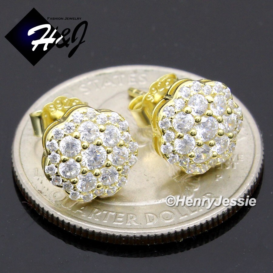 925 STERLING SILVER 8MM ICY CZ GOLD PLATED 3D FLORAL CLUSTER STUD EARRING*GE282