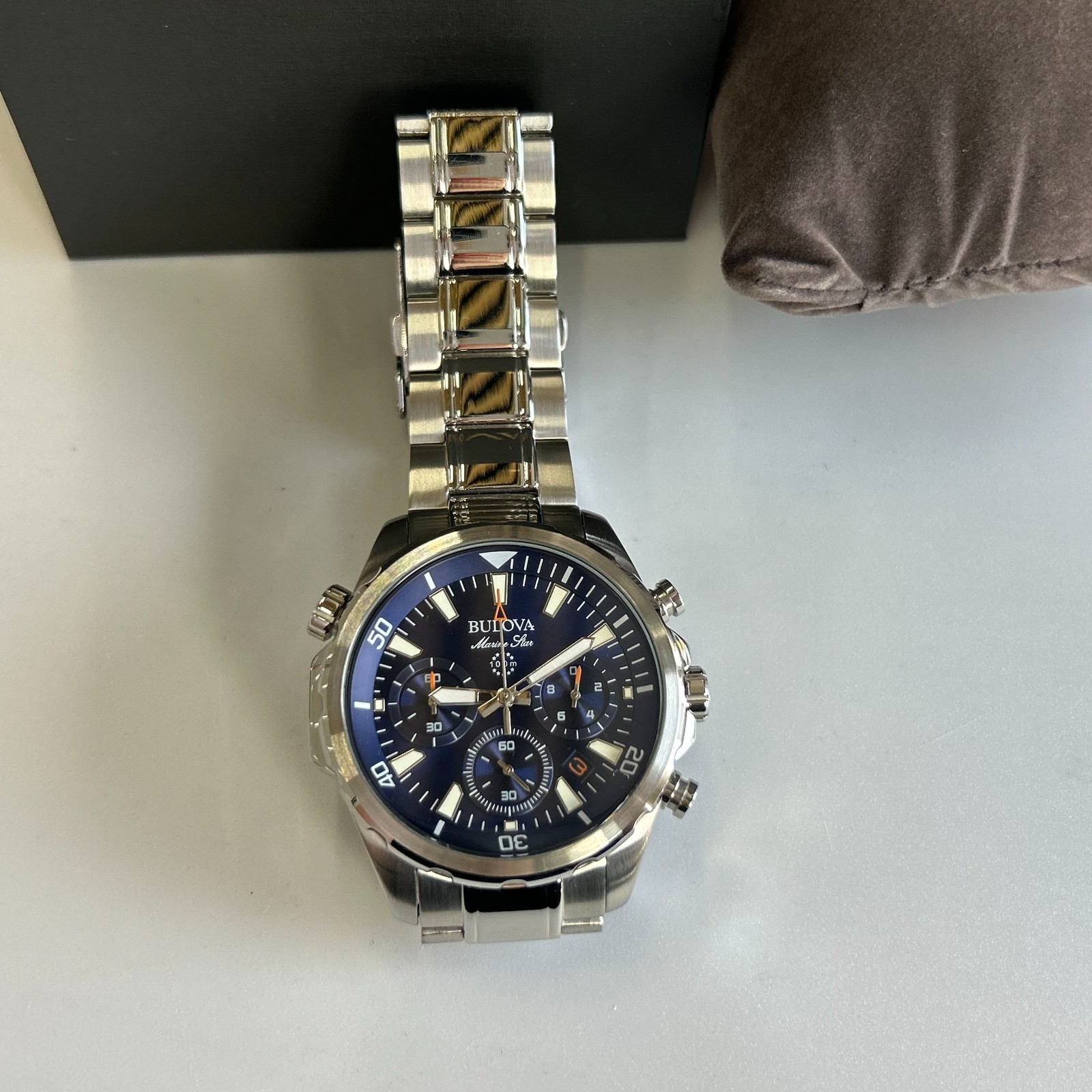 Bulova Men’s Marine Star 96B256 Blue Dial Stainless Chronograph Quartz Watch New