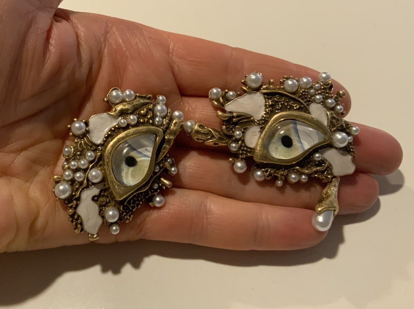 Pearl Baroque Evil Eye Earrings Museum Gold Devil Revival Mismatch Art VTG Stud