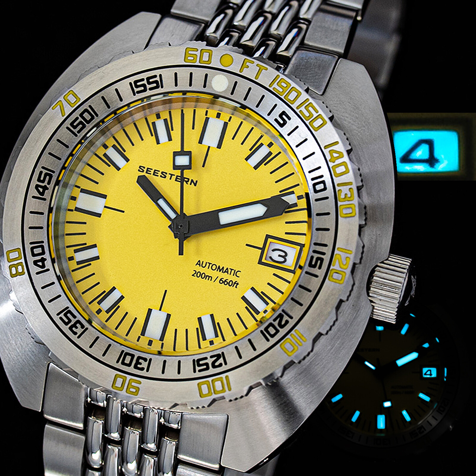 Seestern V3 42MM SUB 300T LUME DATE Bezel 200m DIVER’S Mens Sport Watch YELLOW