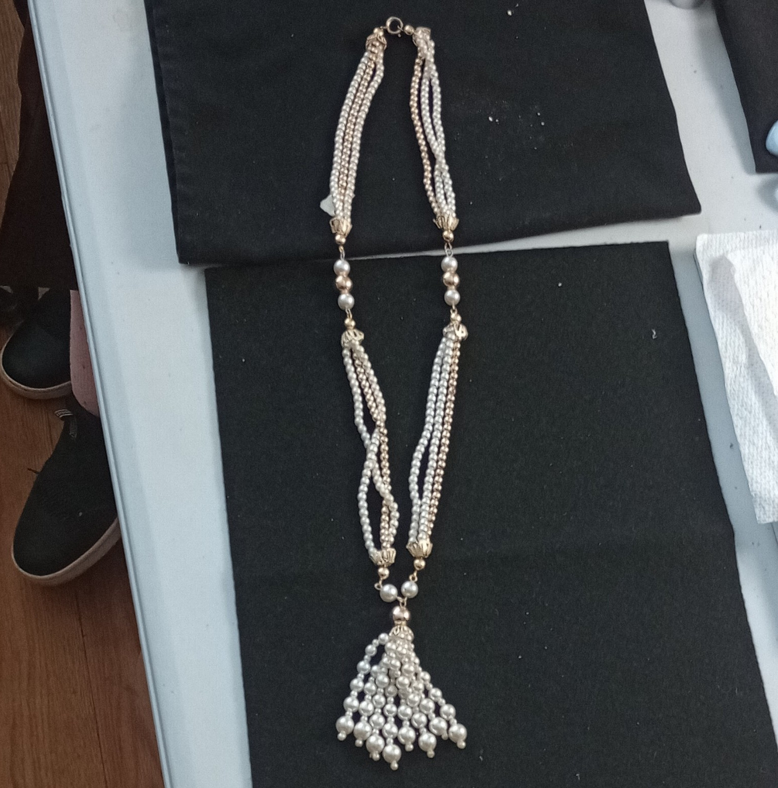 Vintage Faux Pearl Multi-Strand Beaded Chain Necklace Gold Tone Tassel Pendant
