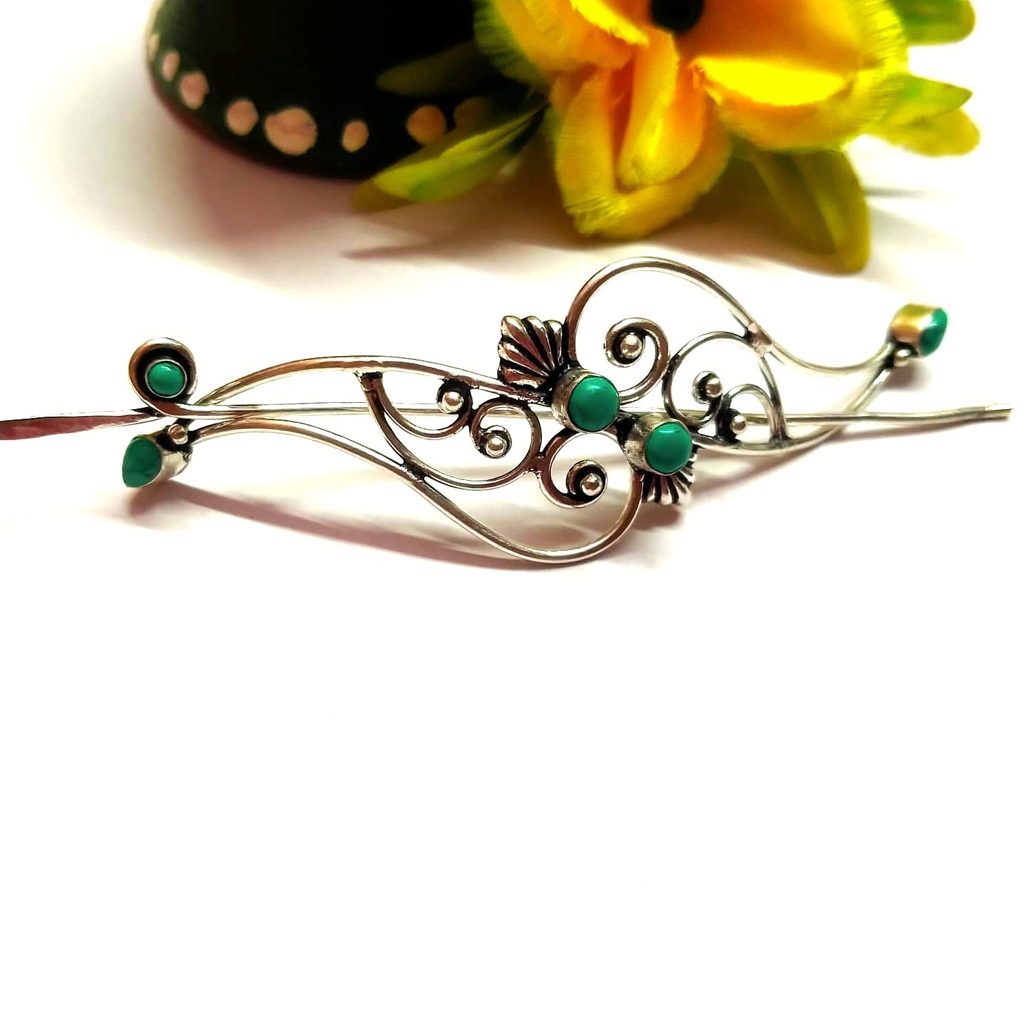 Blue Turquoise Handmade Gemstone Hair Pin 925 Sterling Silver Jewelry