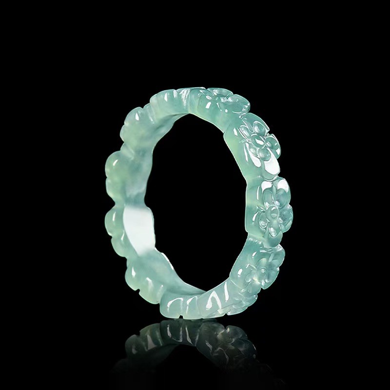 Real Grade A Natural Blue Jade Jadeite Band Women Lucky Peony Ring Us:6-9