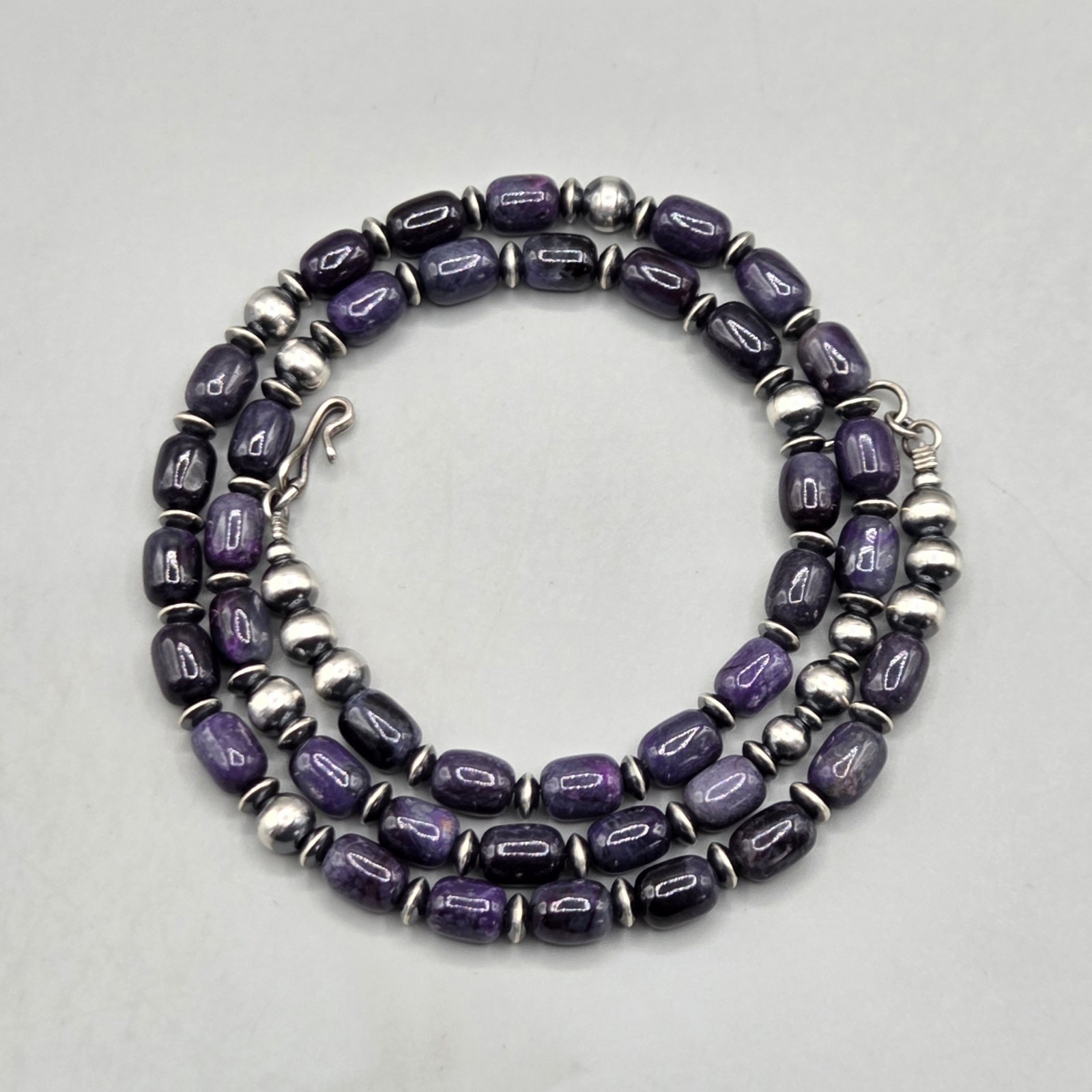21.5″ Rare Sugilite Sterling Navajo Pearl Necklace Southwest Squash Petite 6+mm