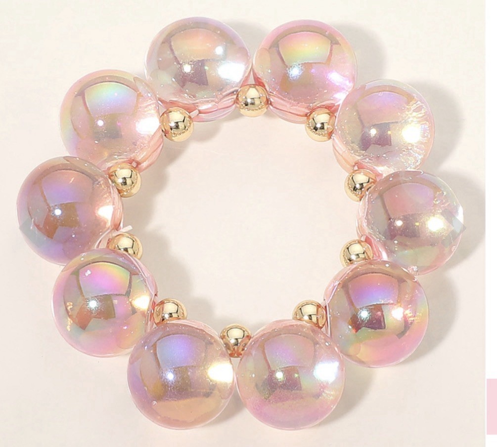 Iridescent Acrylic Beaded Stretch Bracelet Round Beads Multicolor