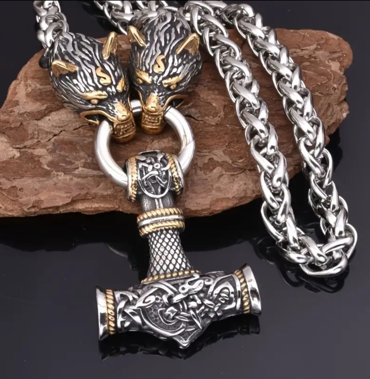 Byzantine Chain Necklace with Viking Hammer Wolf Head Pendant, Gold Silver Black