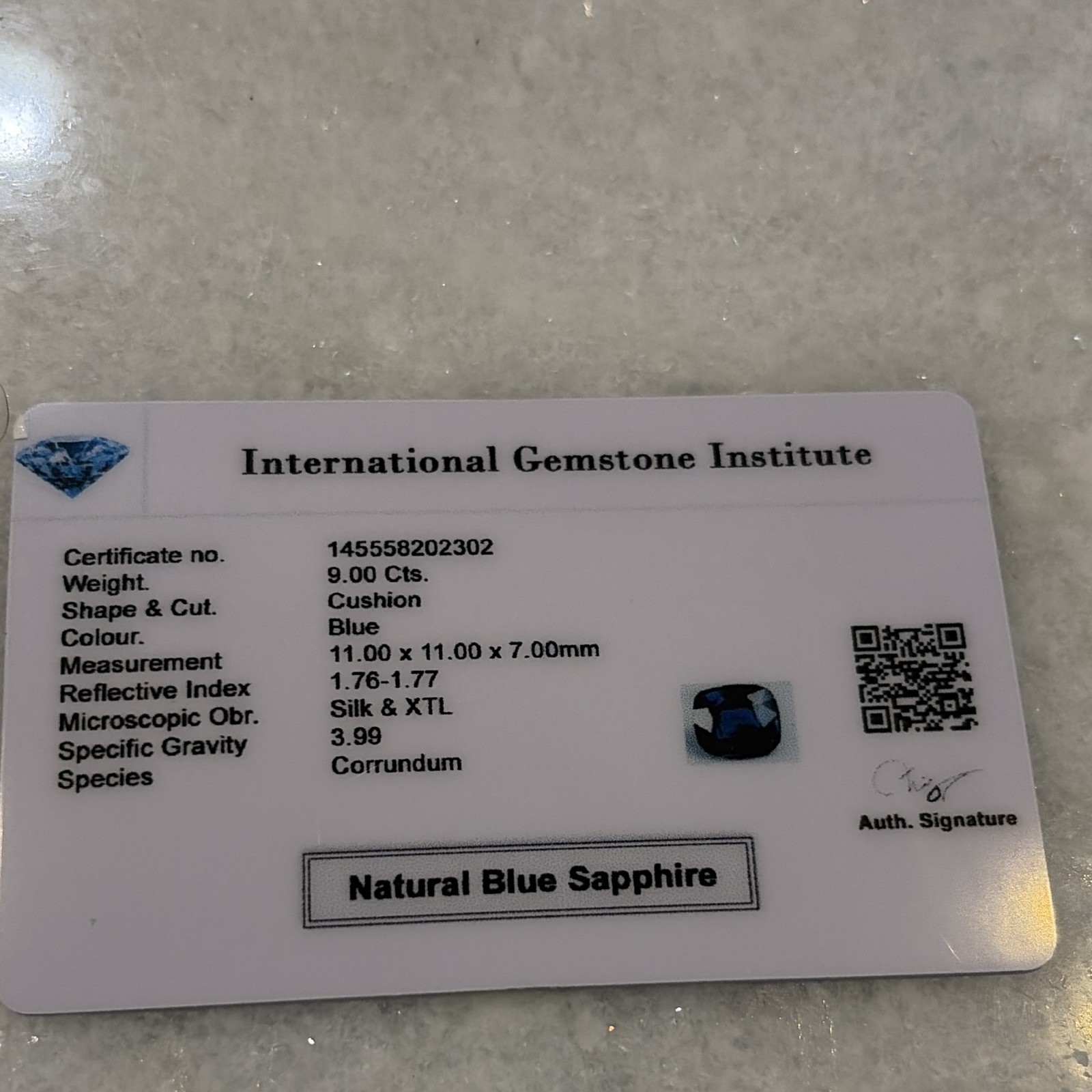 Natural Blue Sapphire Cushion Cut 9.00ct 11x11x7mm IGI Certified