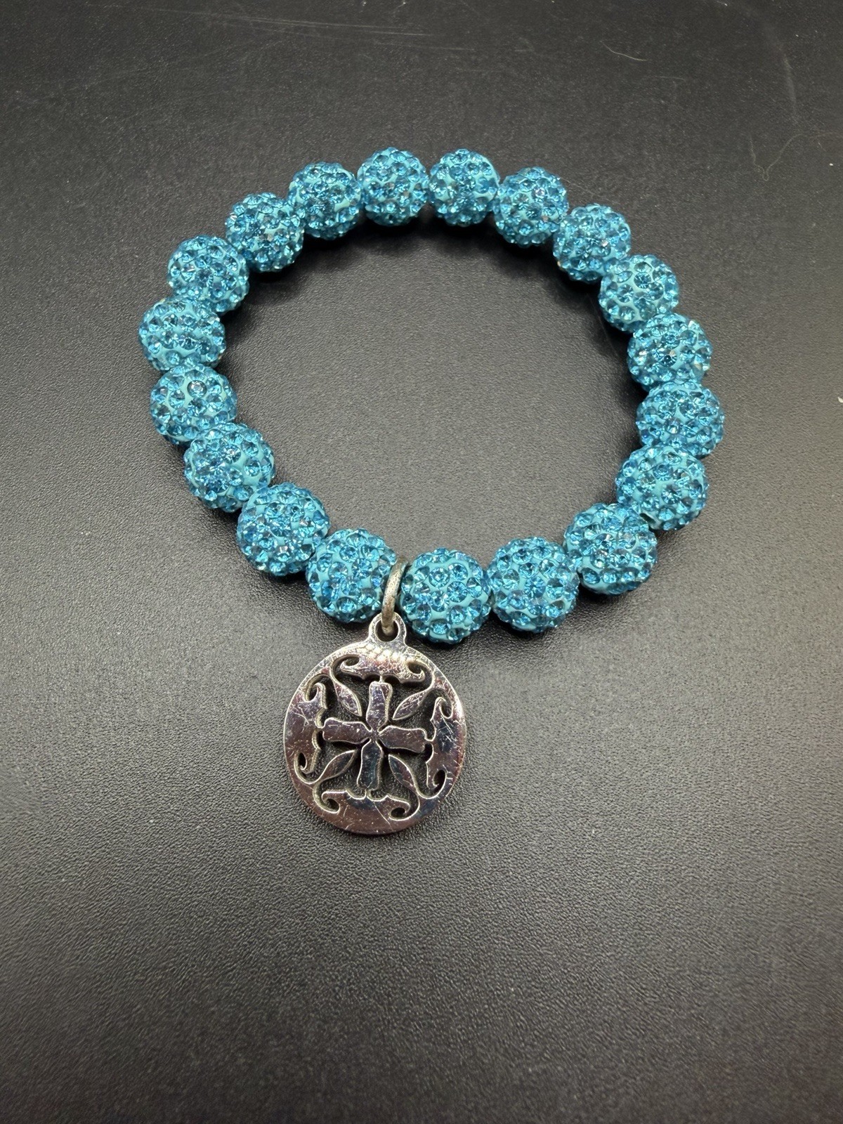 Rustic Cuff Stretch Blue Aqua Color Bracelet with Logo Charm One Size Expandable