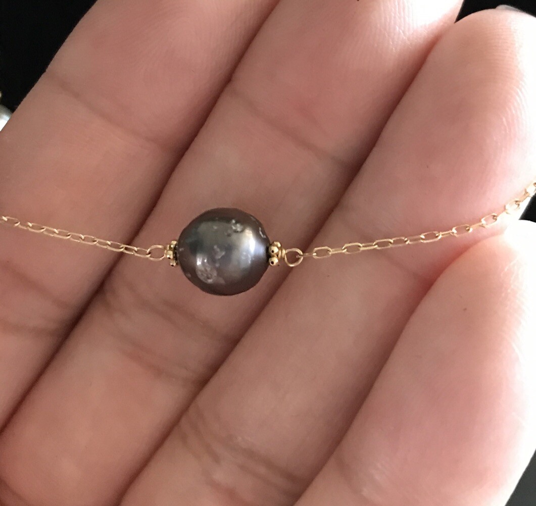 14k Yellow Gold Freshwater Black Gray Pearl Floating Station Necklace Choker 17”