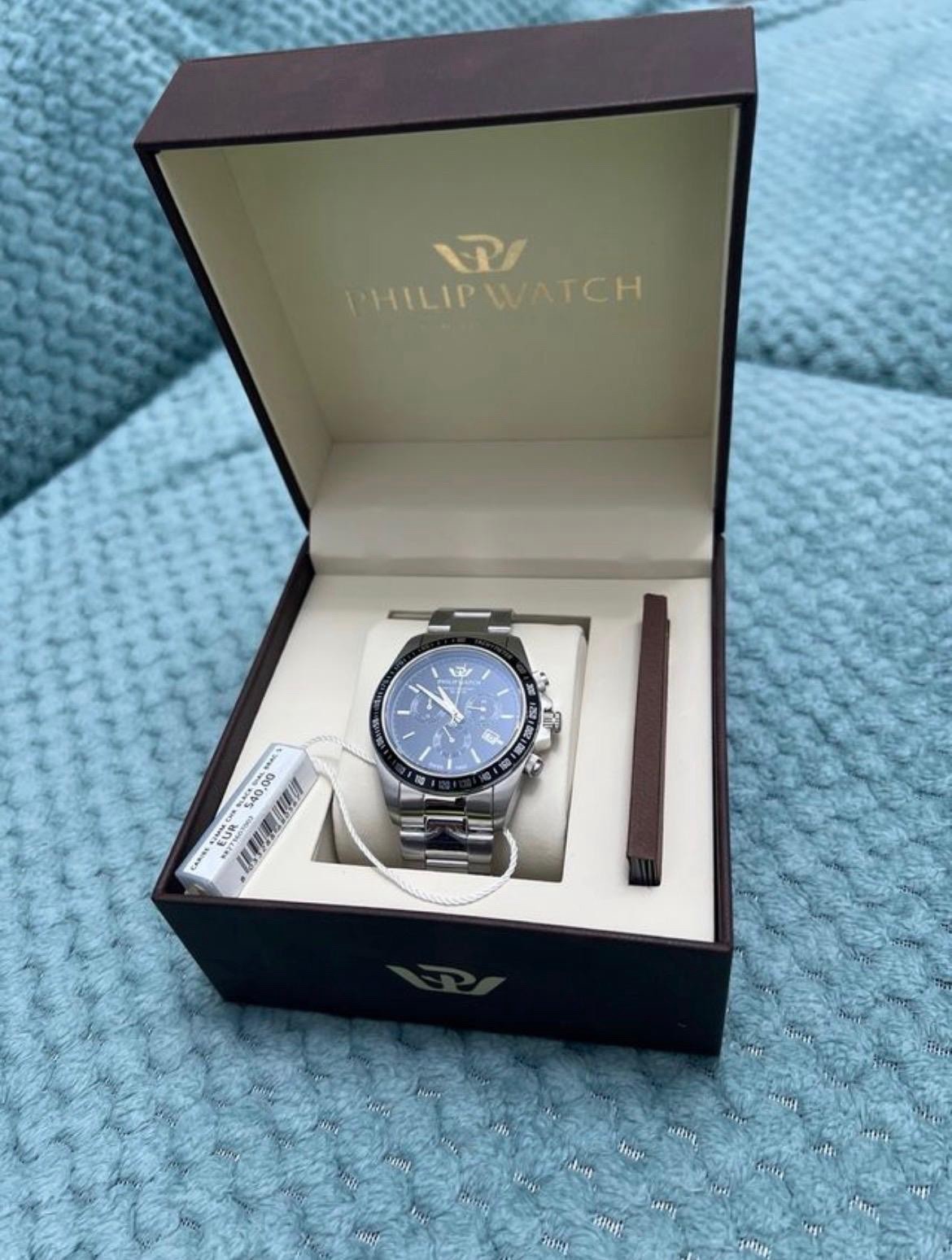 Philip Watch Caribe Men’s Watch Chronograph Black 42mm Steel New