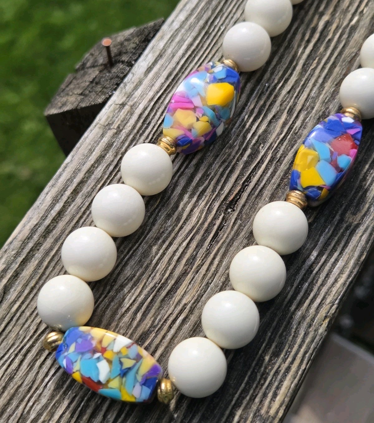 Vintage Lucite Palazzo Necklace Pucci Era Confetti Colorful White Cream Beaded