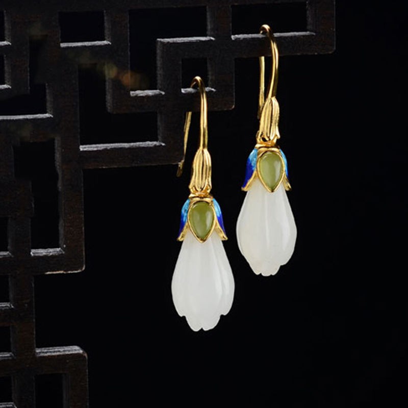 Jade Magnolia Earrings Enamel Drop Dangle Hook Chinese Style for Women