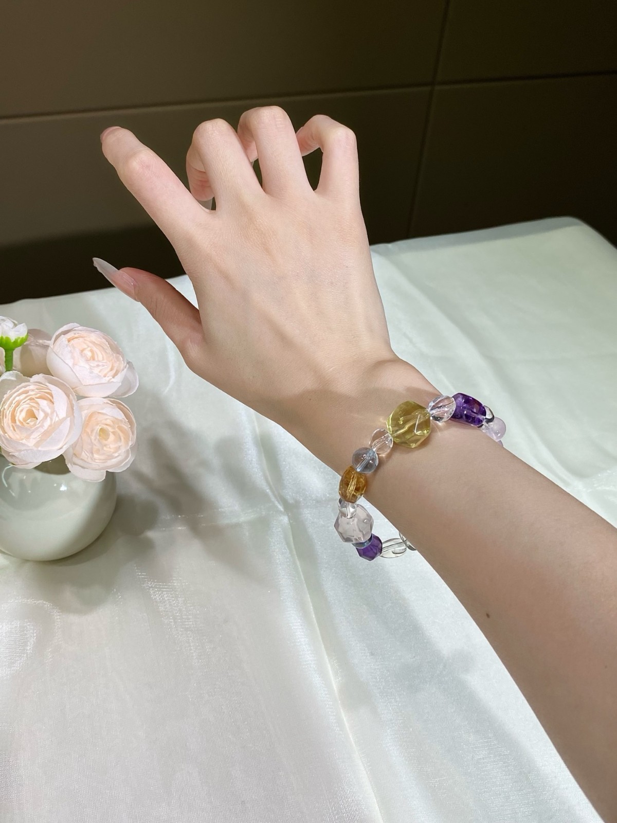 LUSA FEELA Natural Citrine Amethyst Crystal Beaded Stretch Bracelet Gift Box