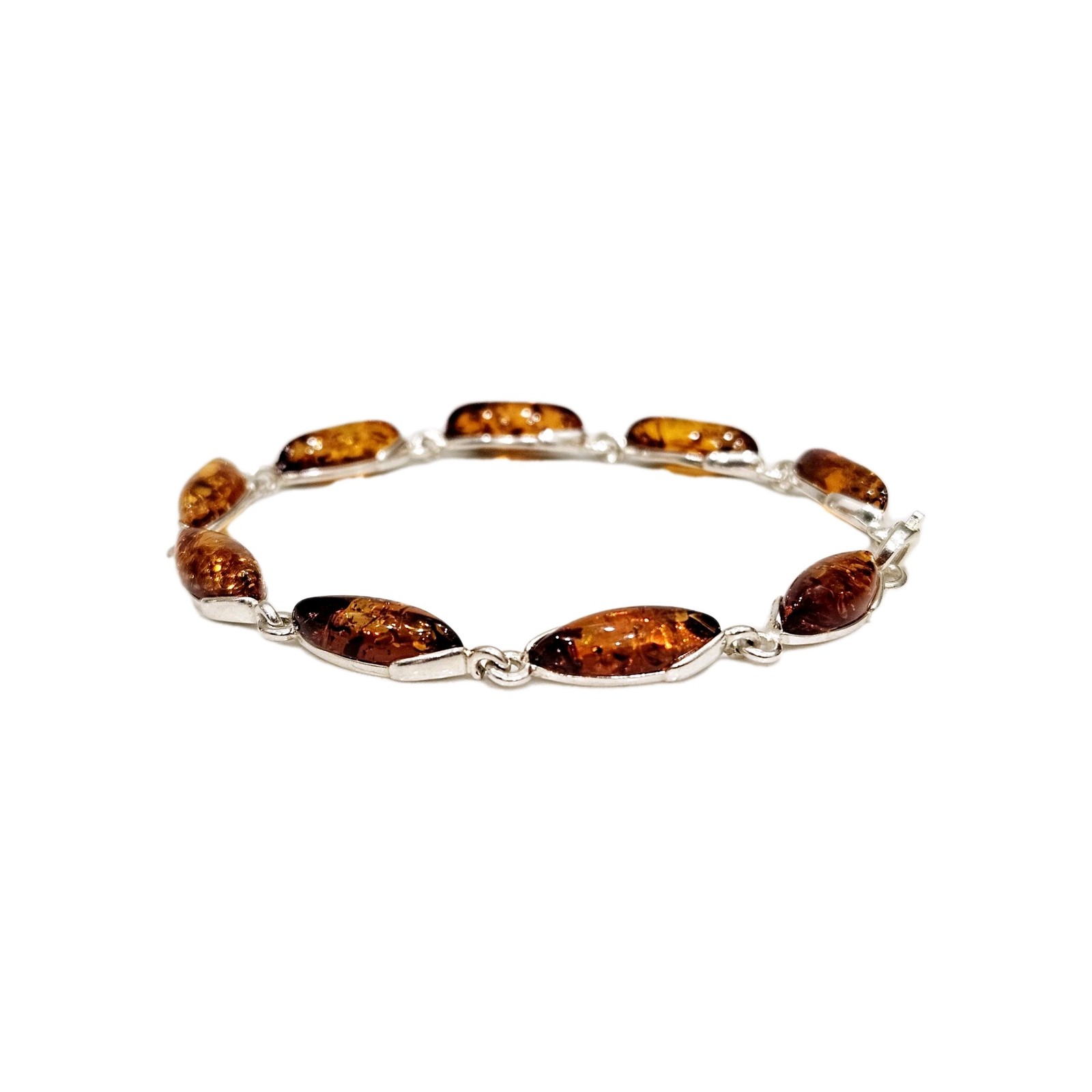 NEW Italian Amber & Silver Bracelet 8″ Long Oval Cognac Stones 925 Sterling