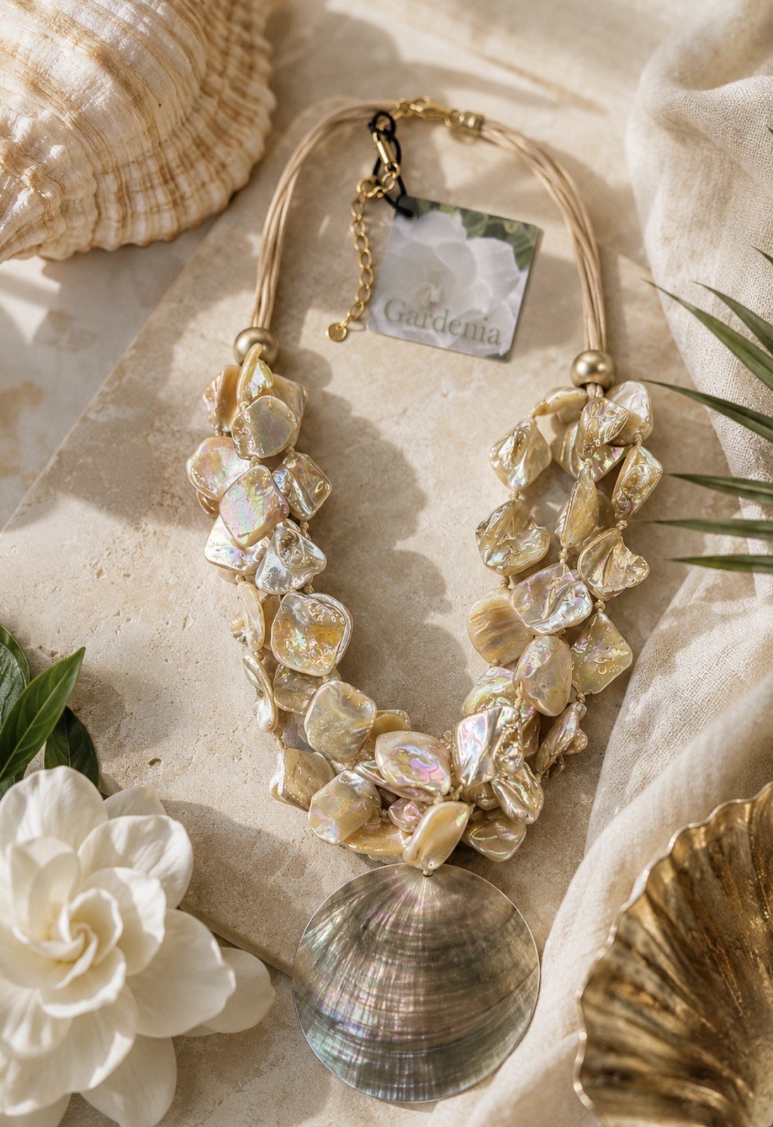 Gardenia Mother of Pearl Shell Statement Necklace Iridescent Boho Coastal Chic