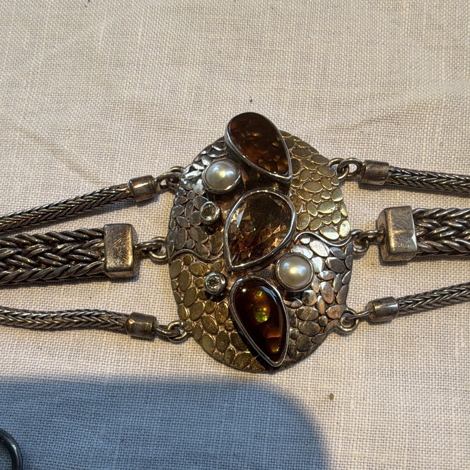 Silver brown topaz Braided Multi-Strand Chain Bracelet Oval Center Toggle Clasp