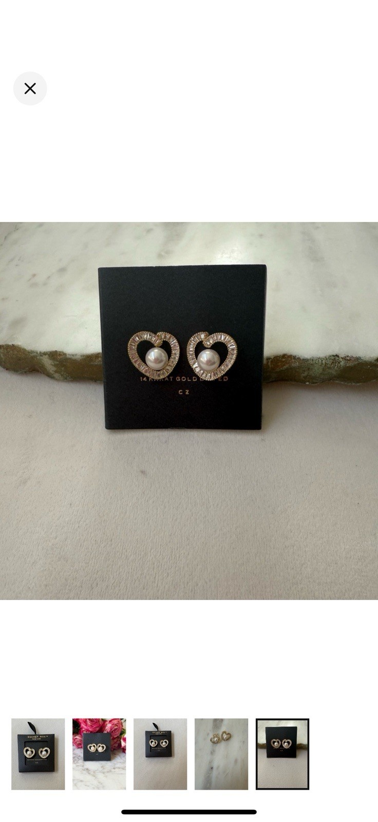NEW Secret Box Boutique Heart Pearl Pave Earrings Gold Plated