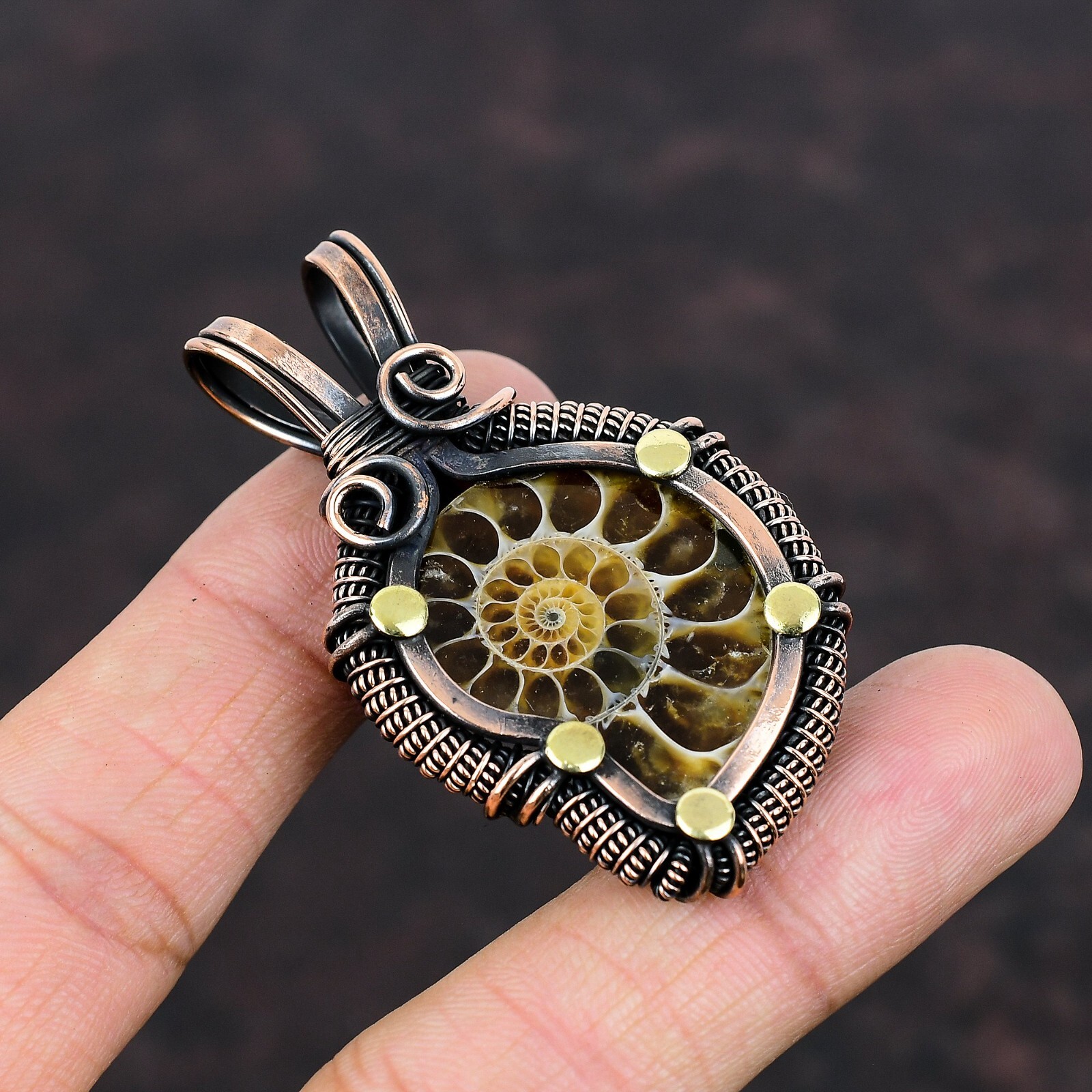 Ammonite Fossil Copper Gift For Bestie Wire Wrapped Pendant 2.36″