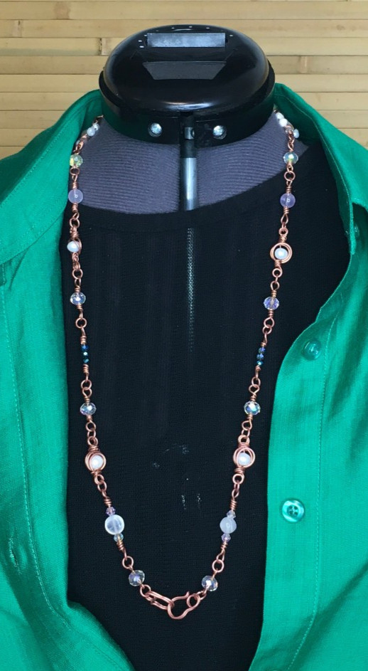 Artisan Long Necklace Pearls Moonstone Amethyst Beads, 4 Hook Wire Wrap Handmade