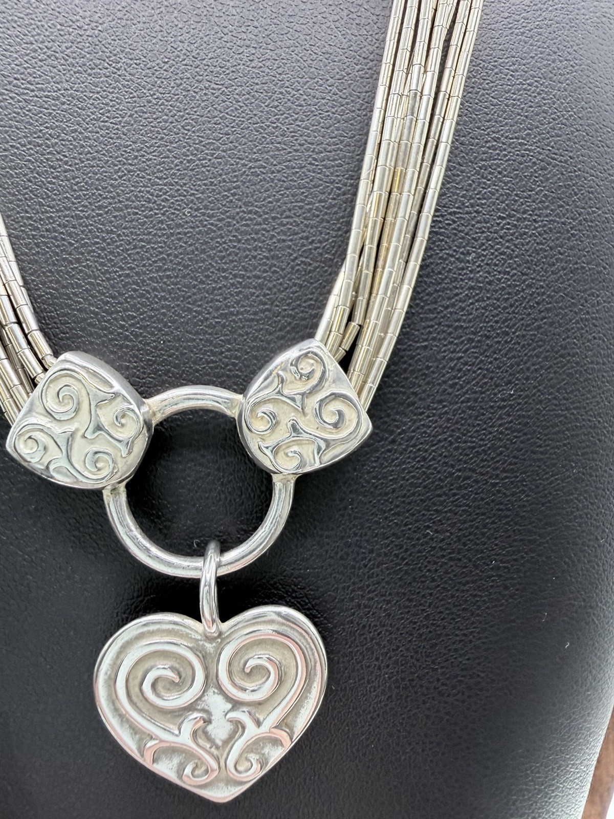 Signed S 925 Sterling Silver 8 Strand Liquid Silver Heart Necklace 17in+3in