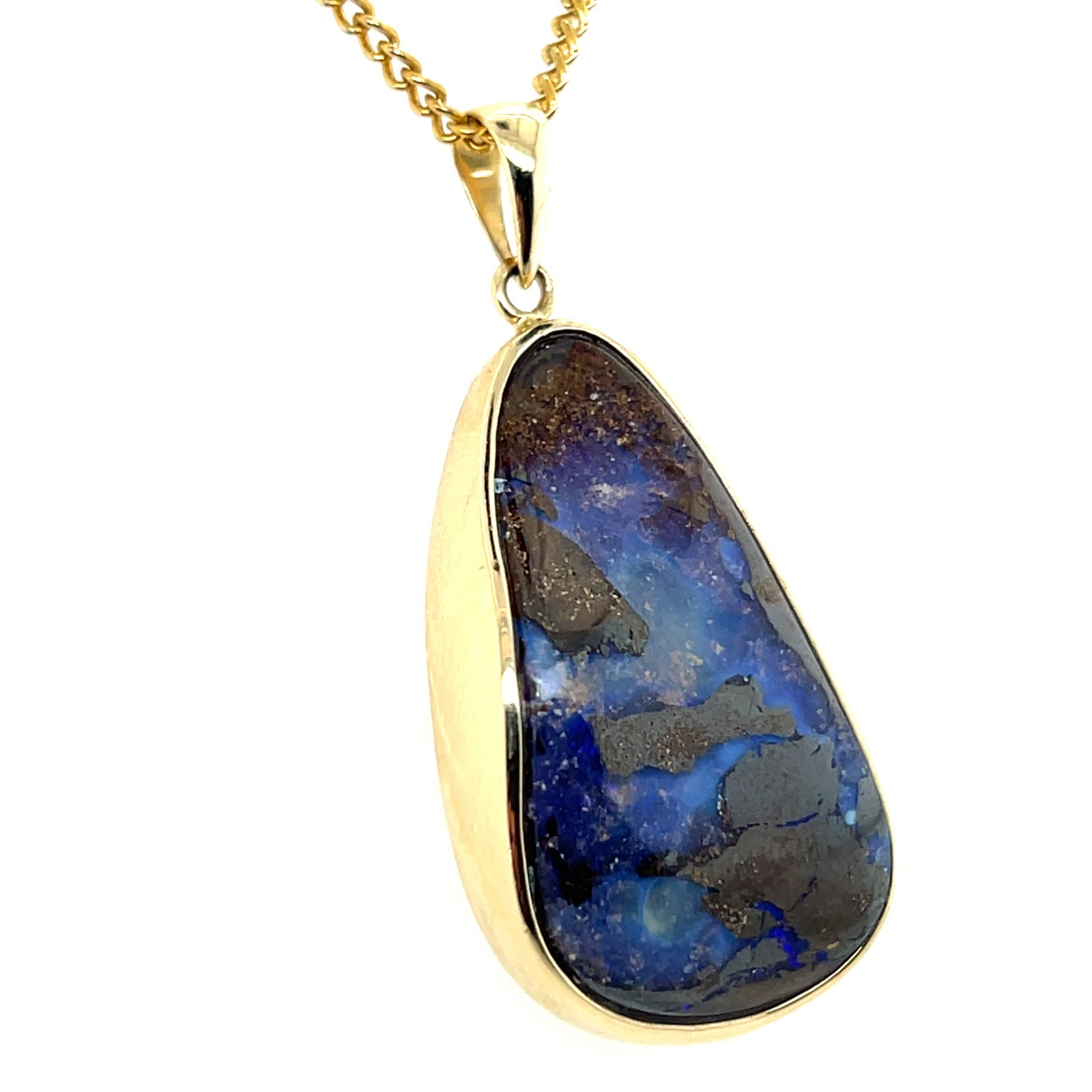 Contemporary 14 Karat Yellow Gold Freeform Oval Blue and Brown Opal Pendant