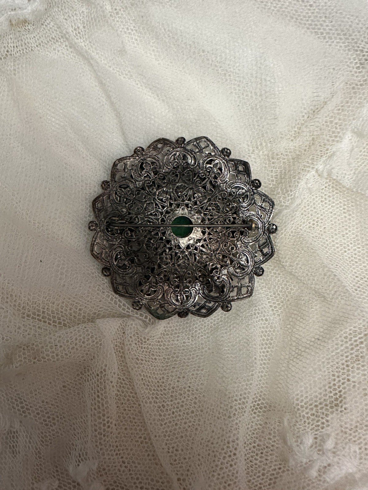 Antique 1910s Edwardian Czech Green Glass Brooch Pin Bohemian Czechoslovakia