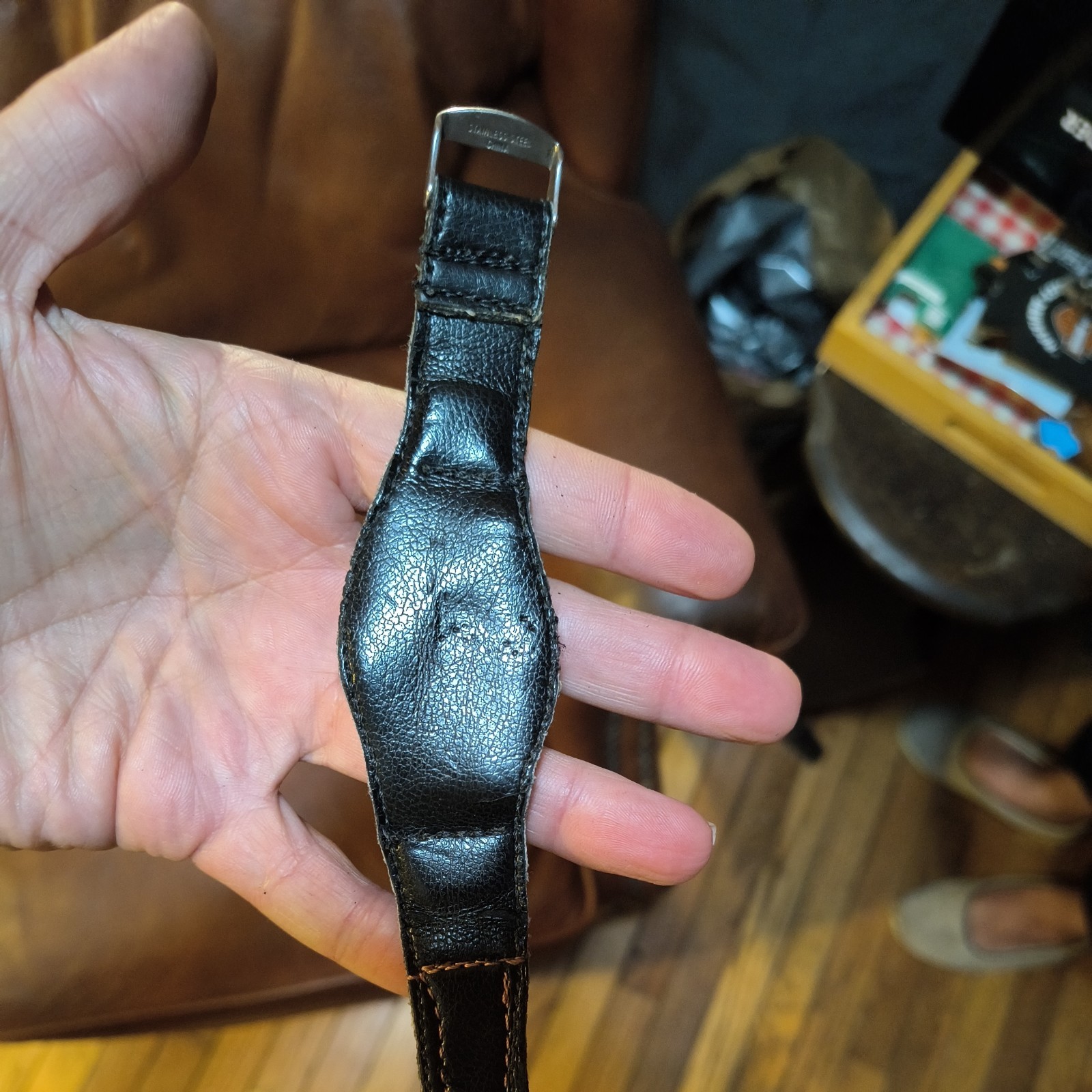 Silver Tonneau Quartz Wristwatch Roman Numerals Black Leather Strap Analog