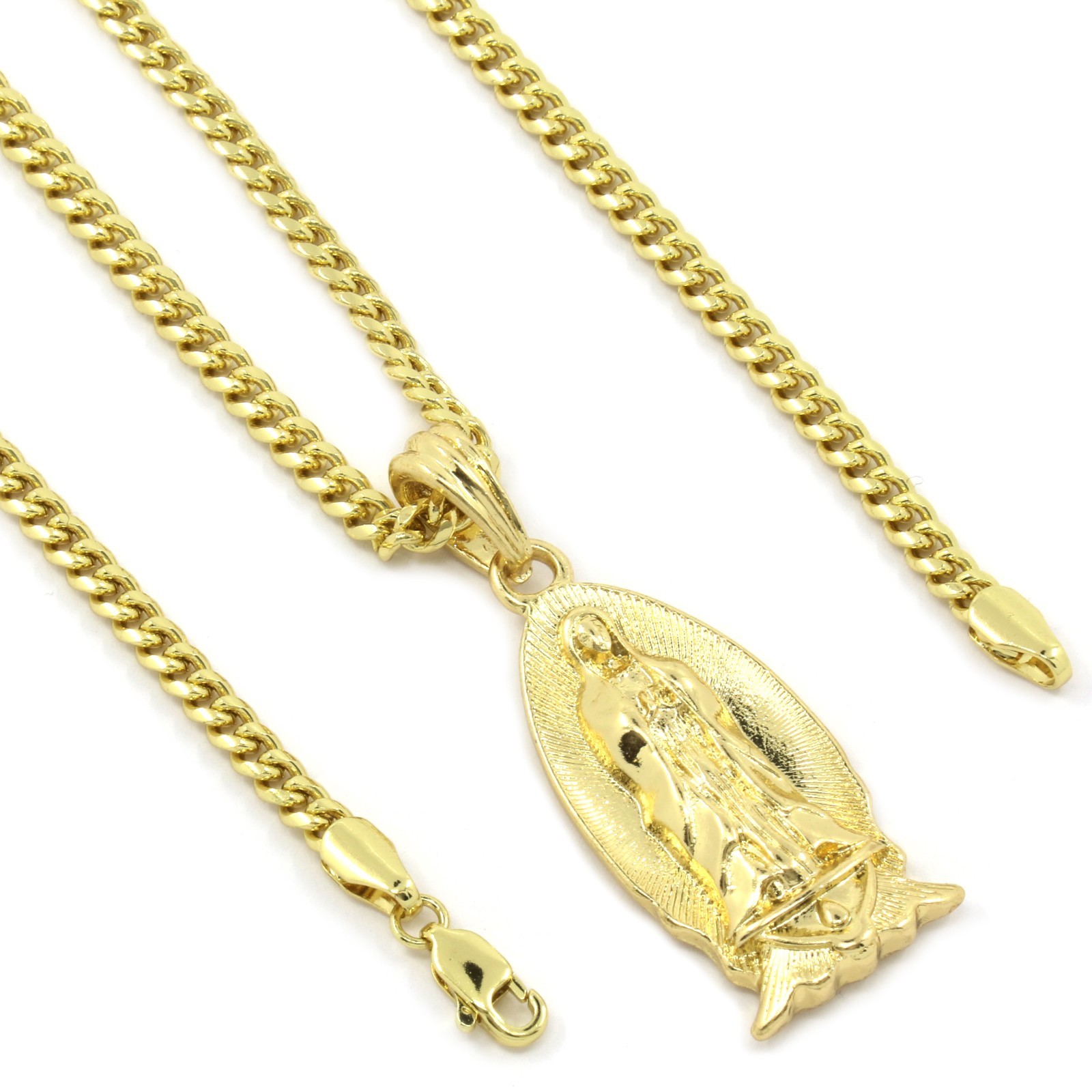 Men’s 14k Gold Plated Small Virgin Mary Pendant Hip-Hop 30″ 3mm Cuban Chain