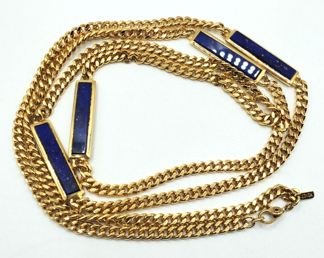 Vintage Monet Gold Tone an Four Blue an Gold Flake Bars on Heavy Chain Statement