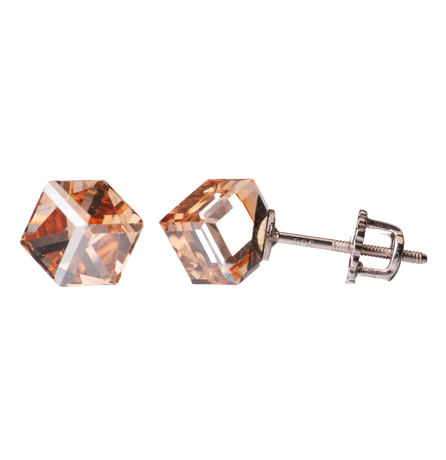 Men’s Women’s 925 Sterling Silver Crystal 3D Cube Stub Screw Back Earrings BROWN