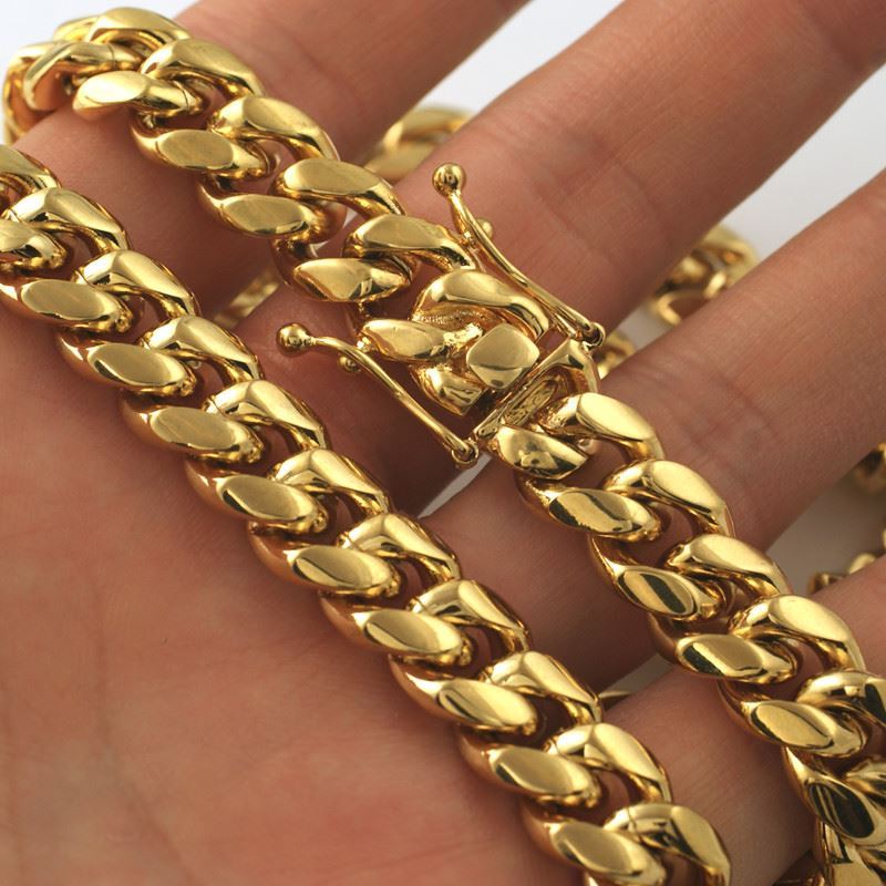 12mm 14K Gold IP Top Quality Mens Miami Cuban Link Chain