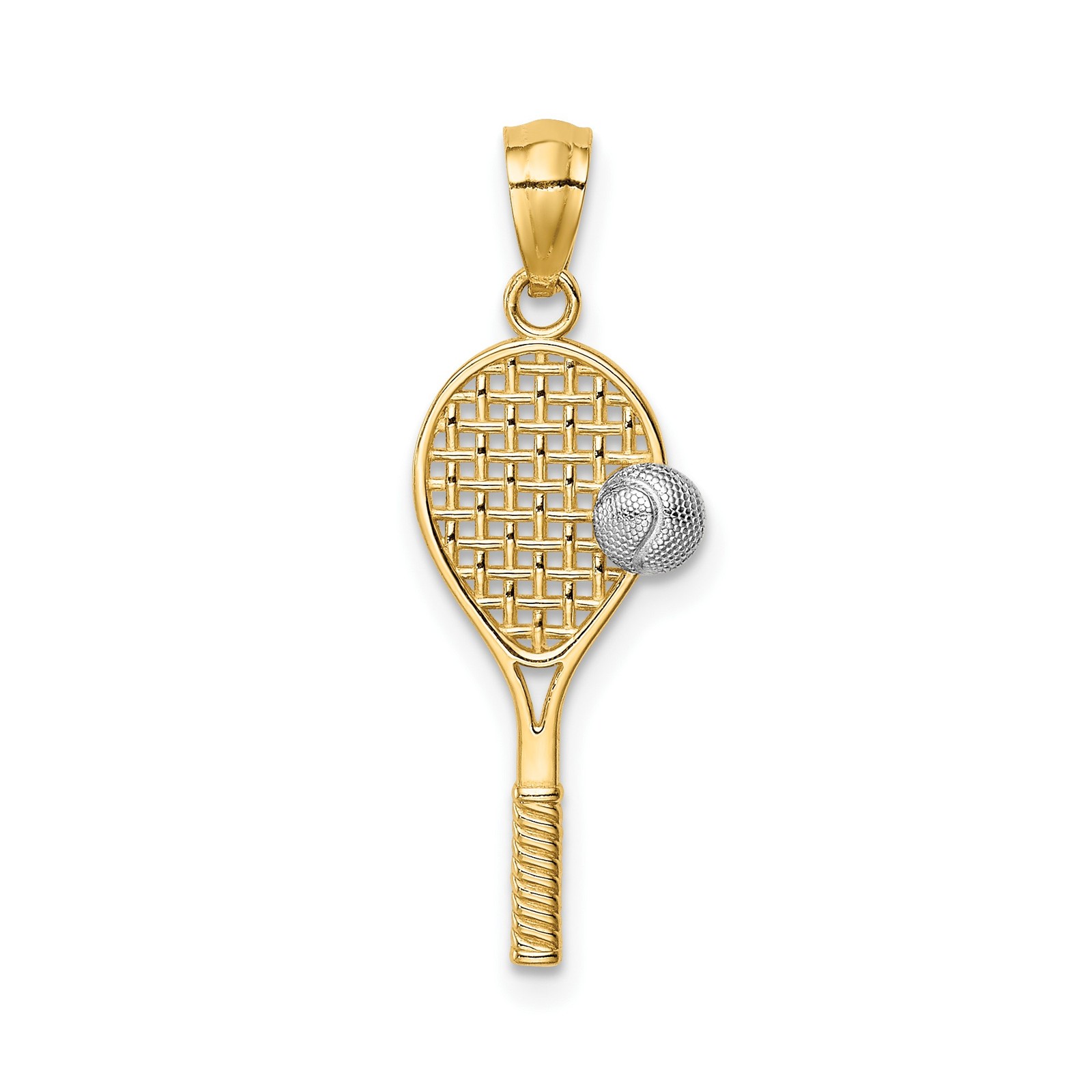 14k Two-Tone Gold Solid Tennis Racket Pendant Charm with Ball 24.5mm