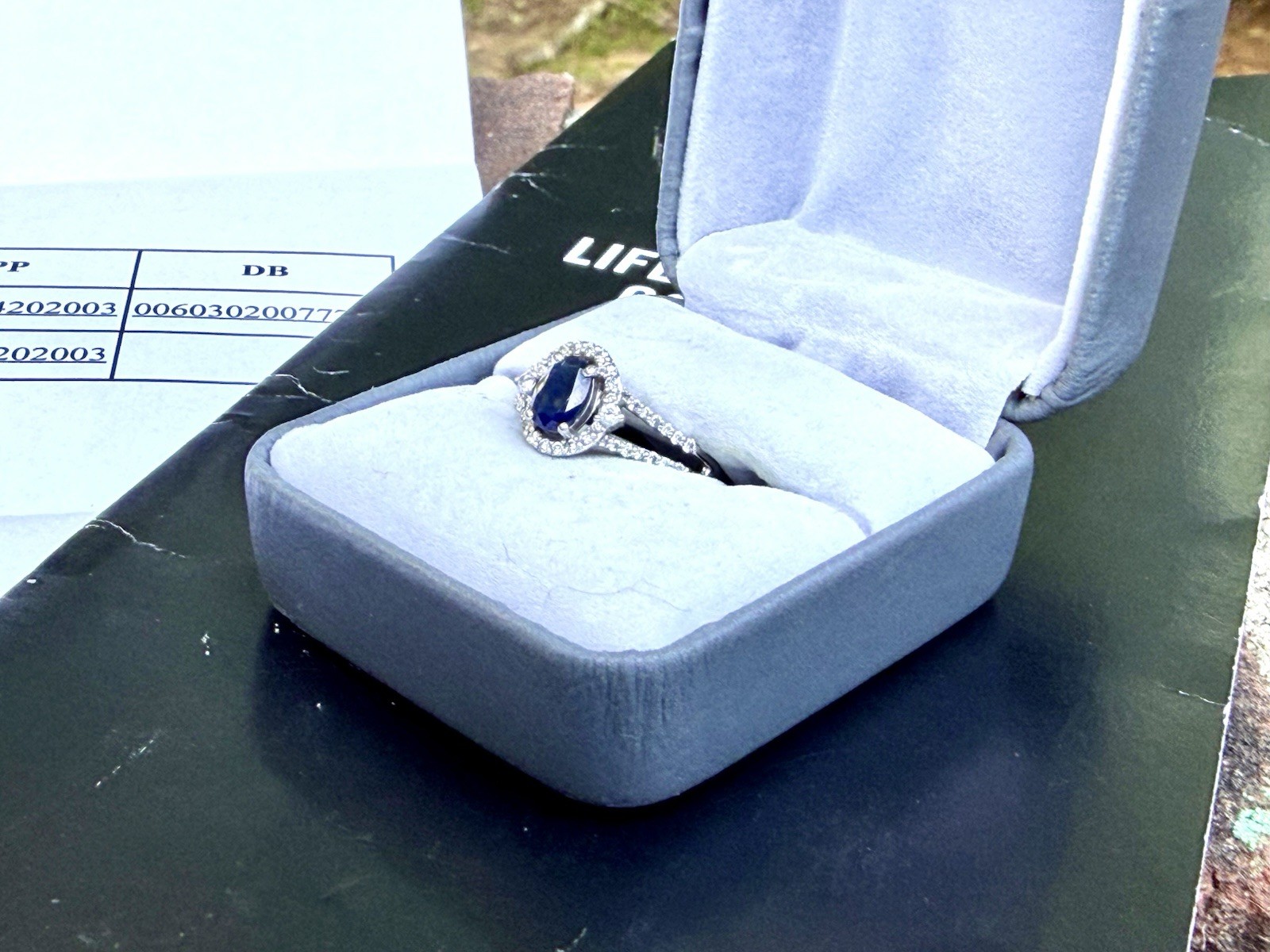 Zales Blue Sapphire Diamond Halo Engagement Ring 10K White Gold 1/3 CTW