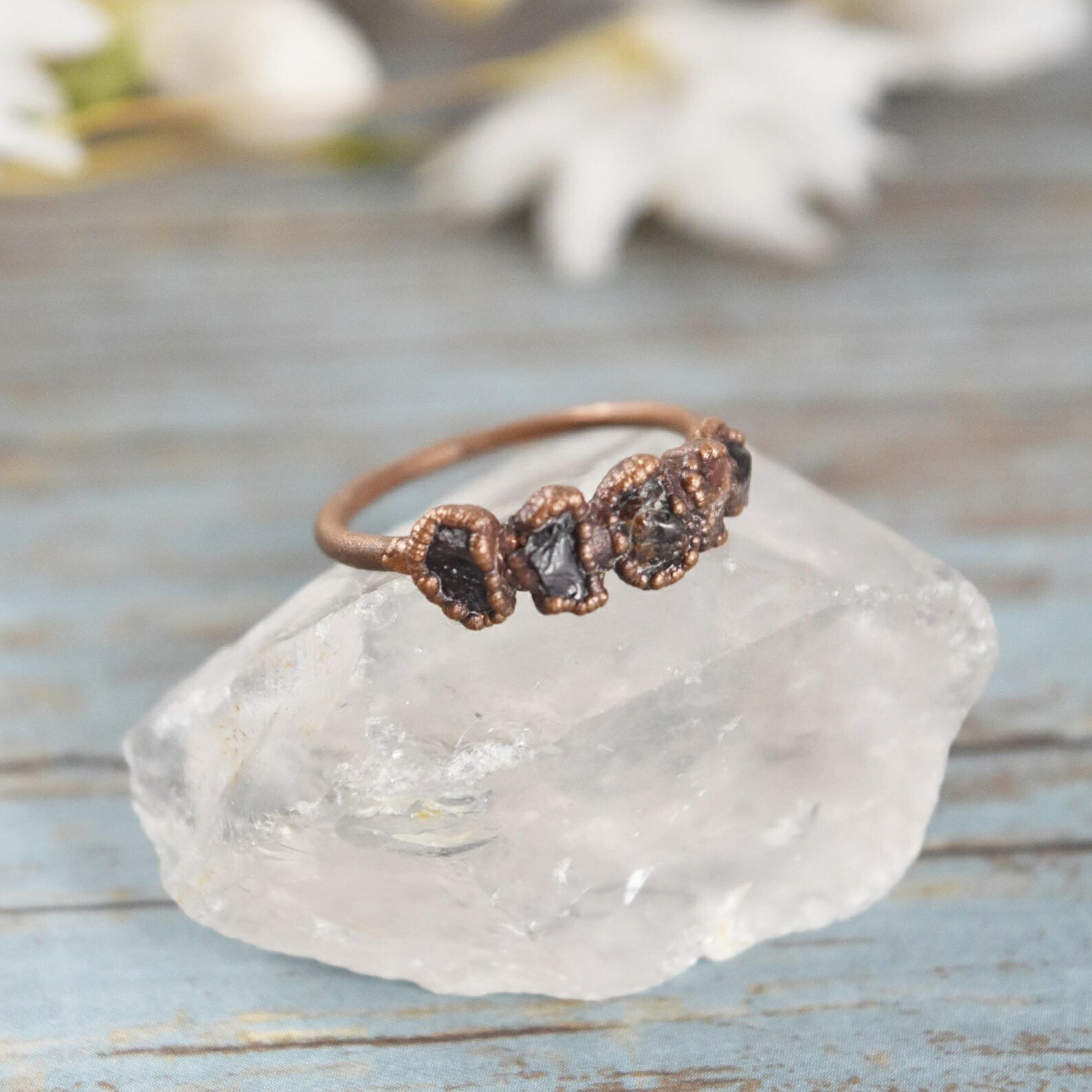 Size 7 Raw Garnet Ring, Natural Stone Crystal, Antique Copper, Boho Jewelry