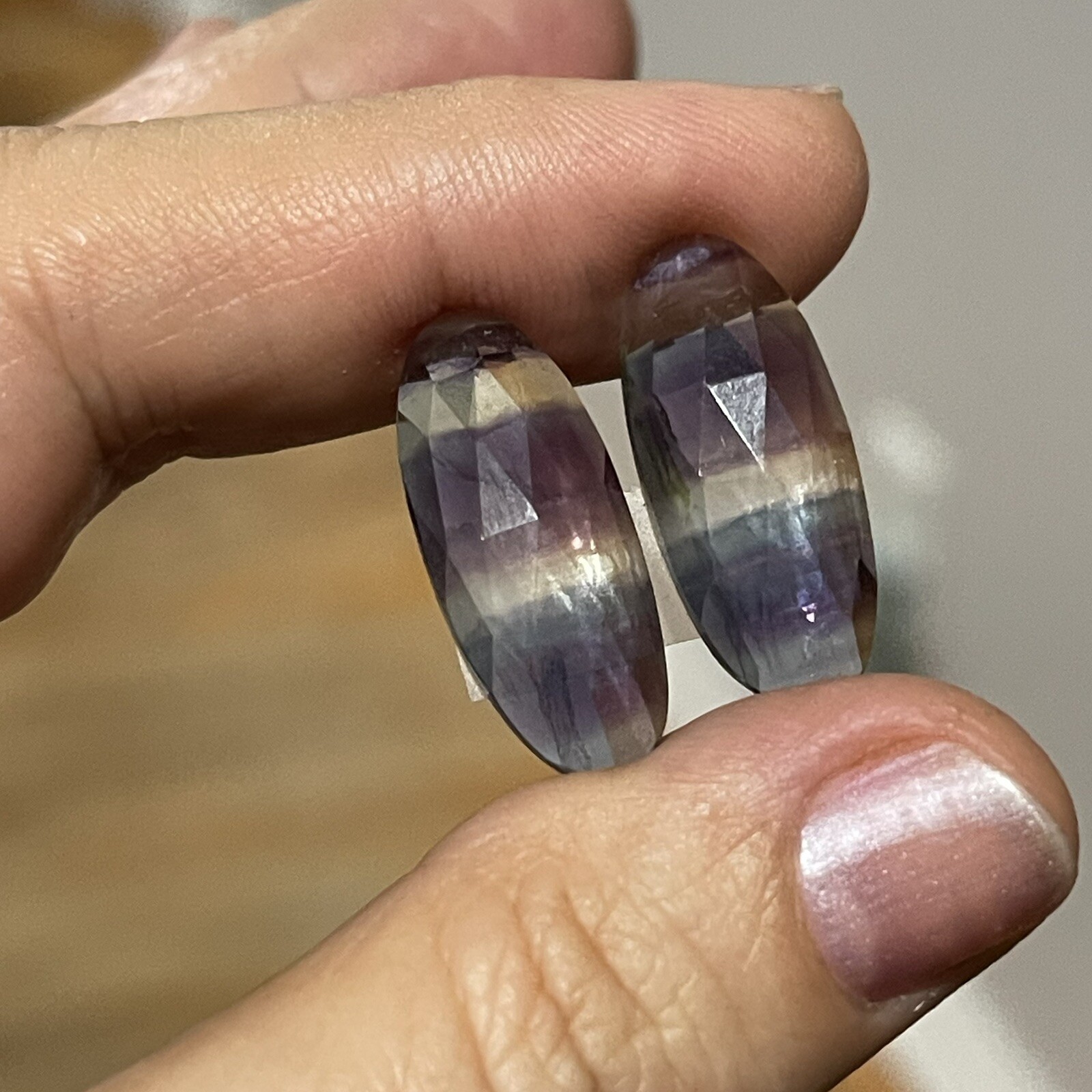 24.4ct 24.3×10.4×5.4mm Pair Teal Blue Purple Fluorite Rose Cut Oval Cabochons