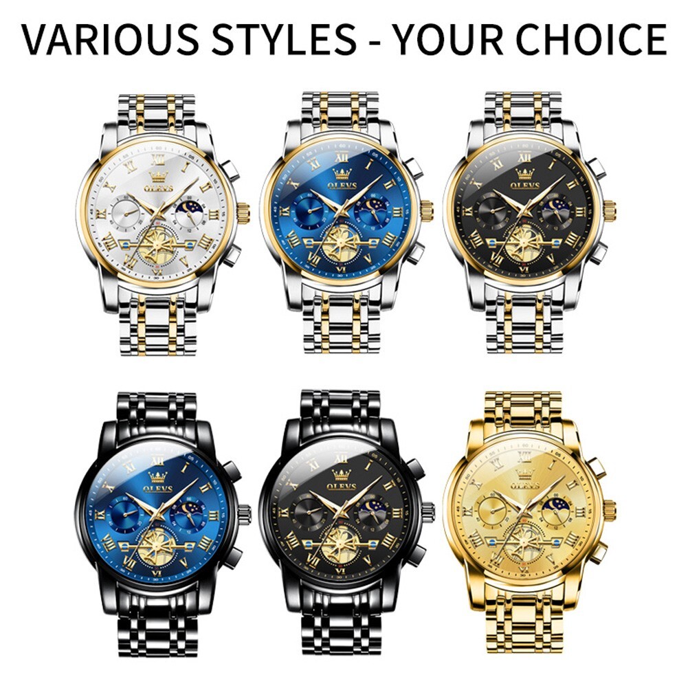 OLEVS Quartz Men’s Watch, Stainless Steel, Chronograph, Waterproof, Moon Phases