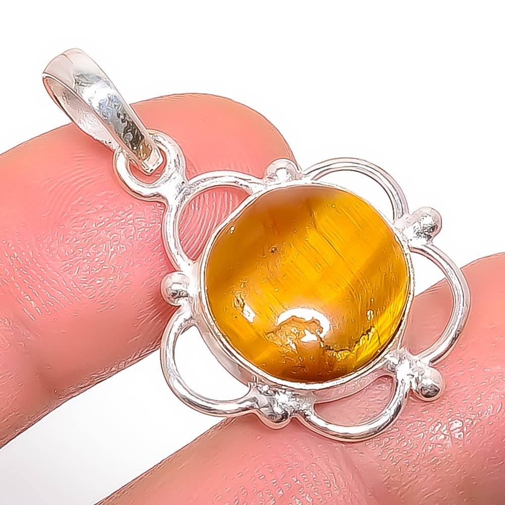 Natural Yellow Tiger Eye – South Africa 925 Silver Plated Pendant 1.37″ P1-19